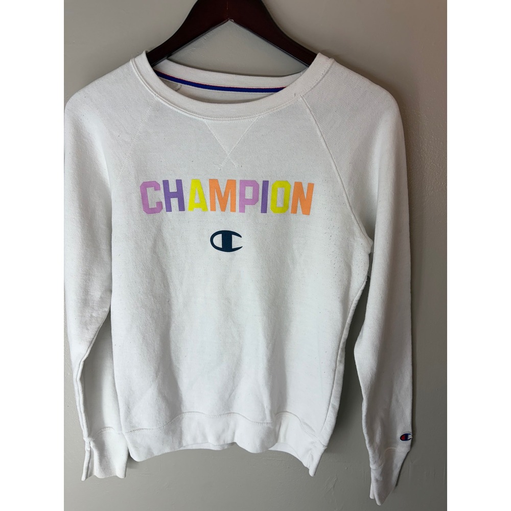 Champion womens Rainbow Spellout Logo Sweatshirt White Crewneck XS Raglan Sleeve